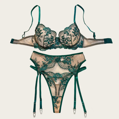 Sexy Women's Lingerie Floral Embroidered Bra Set Spicy Lingerie 3 Pieces Mesh Underwear Ultrathin French Intimate Lingerie Set