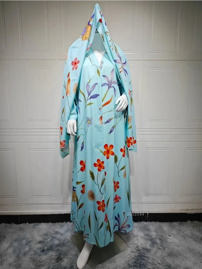 Eid Scarf Abaya Women 2 Piece Set Elegant Muslim Jalabiya Long Cardigan Dress Dubai Style Morocco Caftan for Ramadan Party Arab
