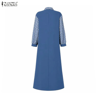 Ramadan Robe ZANZEA Polka Dots Printed Muslim Dress Abaya 2026 Women Casual Lapel Neck Long Sleeve Patchwork Baggy Maxi Sundress