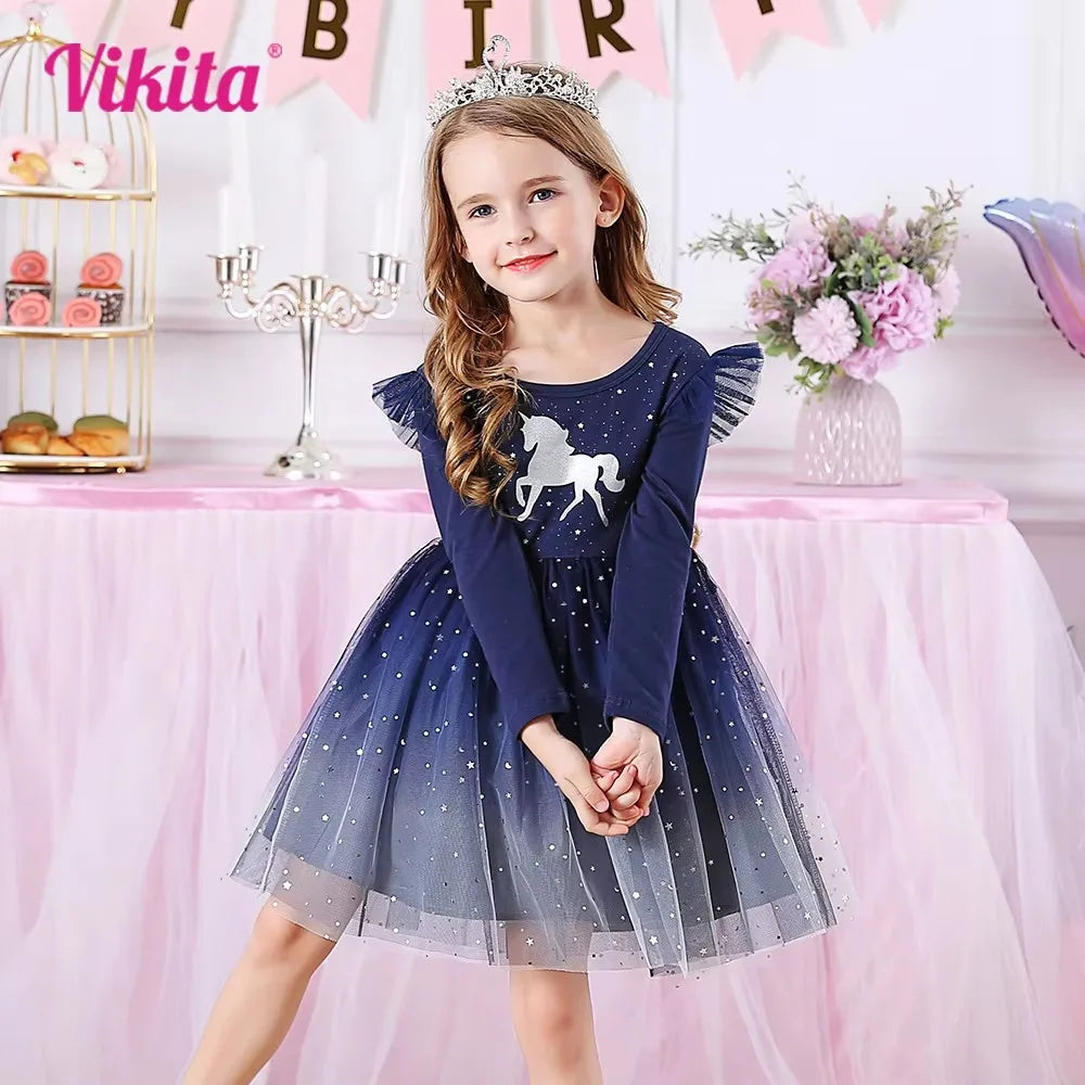 VIKITA Kids Unicorn Dresses for Girls Birthday Party Prom Gown Princess Dress Kids Long Sleeve Spring Autumn Dress Girl Clothes
