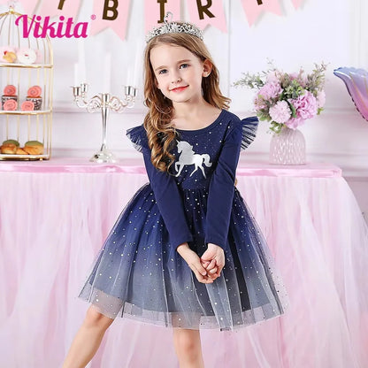 VIKITA Kids Unicorn Dresses for Girls Birthday Party Prom Gown Princess Dress Kids Long Sleeve Spring Autumn Dress Girl Clothes