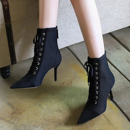 BIGTREE Shoes Ladies Ankle Boots Fashion Pointed Tip Crisscross Straps Women Boots Rear Zipper Sexy High Heel Boots Stiletto