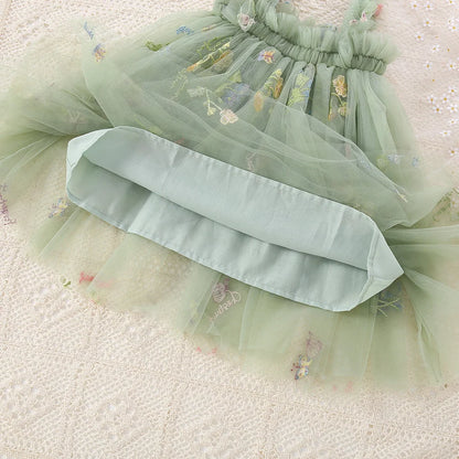 Summer New Girls Dress Halter Mesh Pleated Flower Embroidery Sweet Princess Dress Birthday Party Dress (0-3 Years Old Girls)