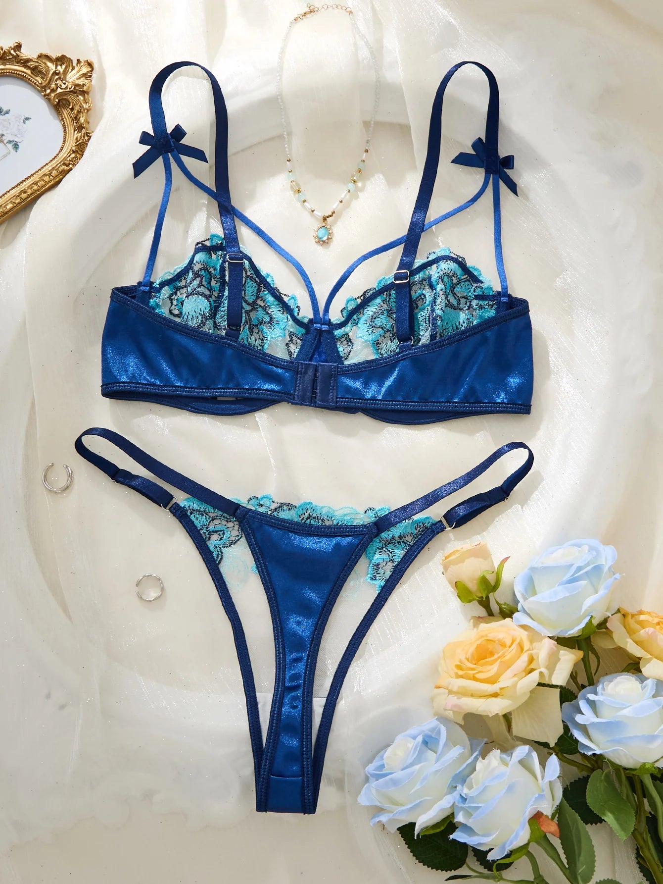 Vintage Blue Satin Lingerie Set Contrast Floral Embroidery Sheer Mesh Underwire Bra Adjustable Strap Thong Panties For Women