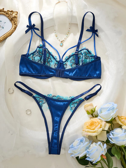 Vintage Blue Satin Lingerie Set Contrast Floral Embroidery Sheer Mesh Underwire Bra Adjustable Strap Thong Panties For Women