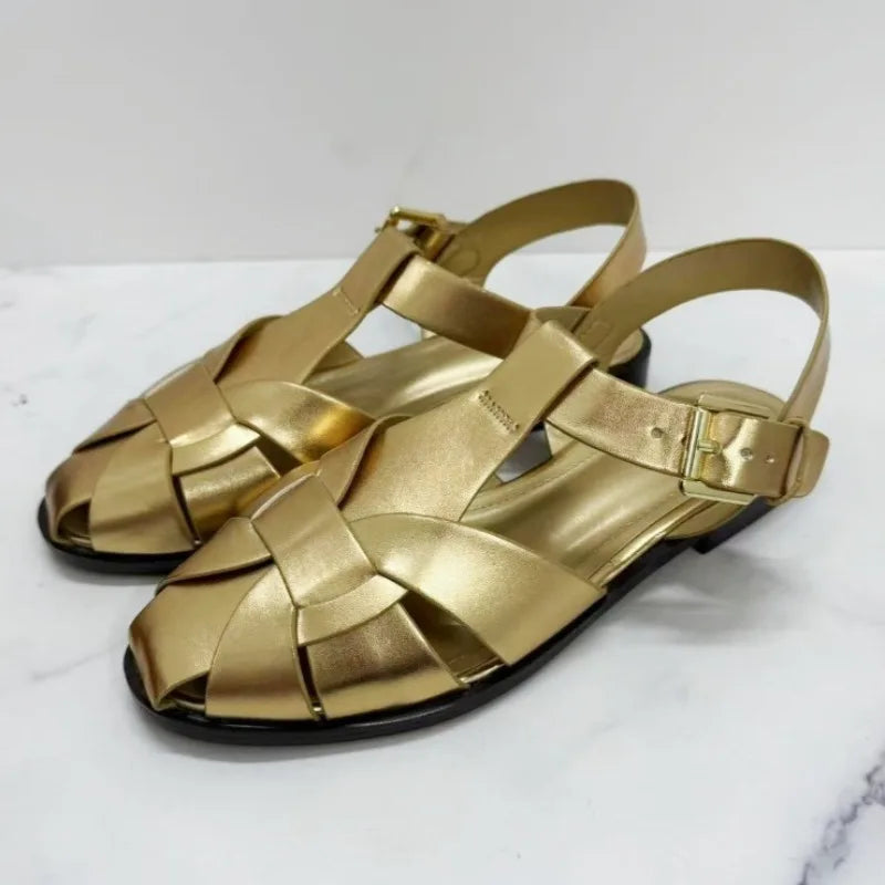 New Flat Sandals Women 2026 Summer Faux Suede Weaving Design Gladiator Sandals Ankle Strap Comfortable Women Shoes Sandalias