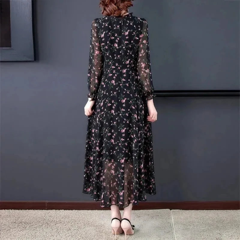 Women Summer Chiffon Printed Dresses 2025 Spring Summer Long Elegant Drawstring Dress Female Large Size Midi Dresses 6XL W752