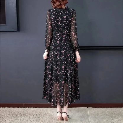 Women Summer Chiffon Printed Dresses 2025 Spring Summer Long Elegant Drawstring Dress Female Large Size Midi Dresses 6XL W752