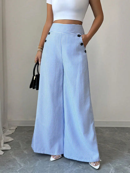Stylish Striped Wide-Leg Trousers | Comfortable High-Waist Pants for Office & Casual