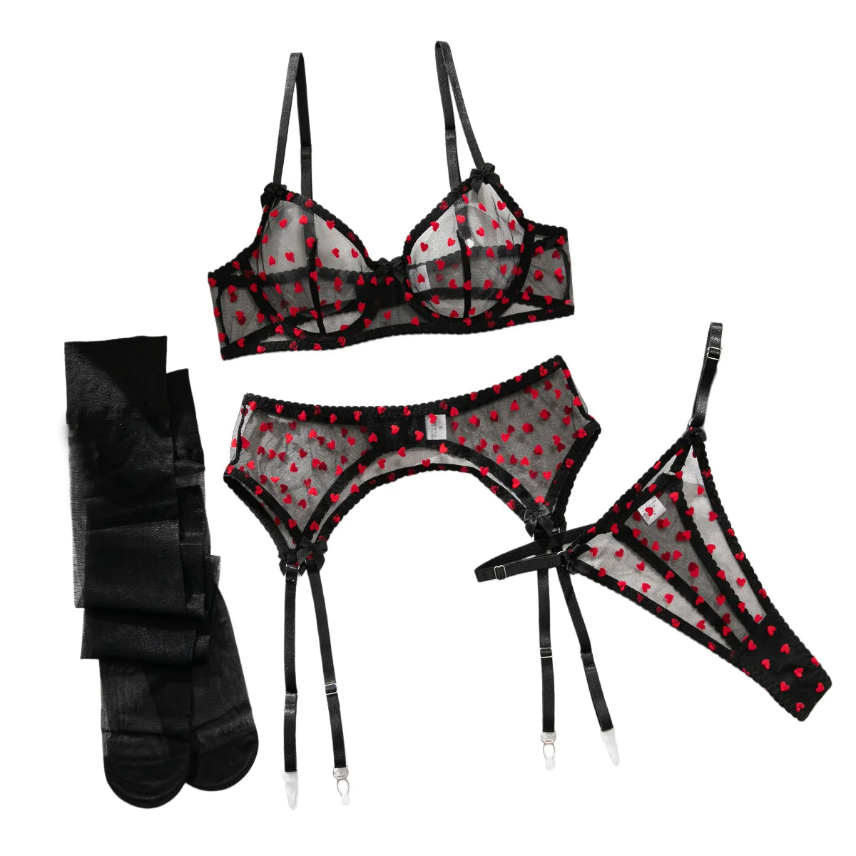 4Pcs Women Red Heart Sheer Mesh Lingerie Set Underwire Bra Garter Thong Stockings Bow Trim Sexy See Through Intimate Underwear