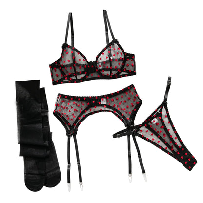 4Pcs Women Red Heart Sheer Mesh Lingerie Set Underwire Bra Garter Thong Stockings Bow Trim Sexy See Through Intimate Underwear