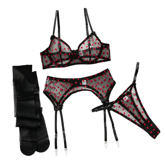 4Pcs Women Red Heart Sheer Mesh Lingerie Set Underwire Bra Garter Thong Stockings Bow Trim Sexy See Through Intimate Underwear