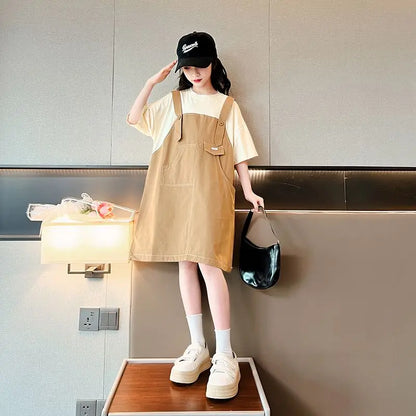 Simple and Minimalist Korean-style Casual Loose Dress for Students Suit Girls White Girl Children Clothes Girls' Princess Farm