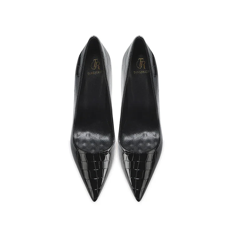 Summer new crocodile patterned high heels for women, slim heels, sexy, fashionable, versatile, professional single shoes