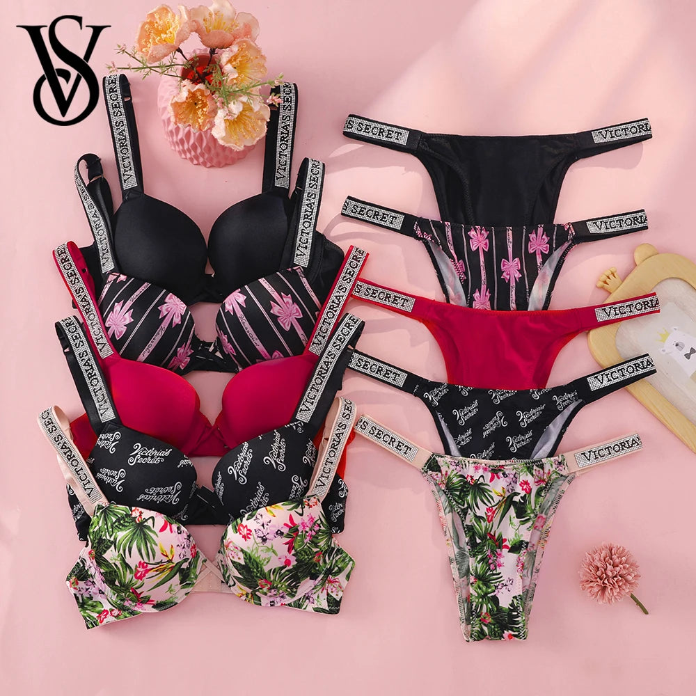 Victoria's Secret Push Up Bra And Panties Set For Women Rhinestone Logo Shoulder Straps Lace Underwear Sexy Lingerie Set