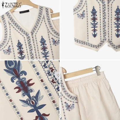 ZANZEA Women Ethnic Floral Printing Short Sets V-Neck Sleeveless Top & Elastic Waist Shorts Matching Sets Summer 2 Piece Co-ords