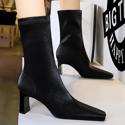 BIGTREE Shoes Autumn Winter Short Boots Square Head Leather Boots Women Shoes Thick Heel Skinny Boots Fashion High-heeled Boots