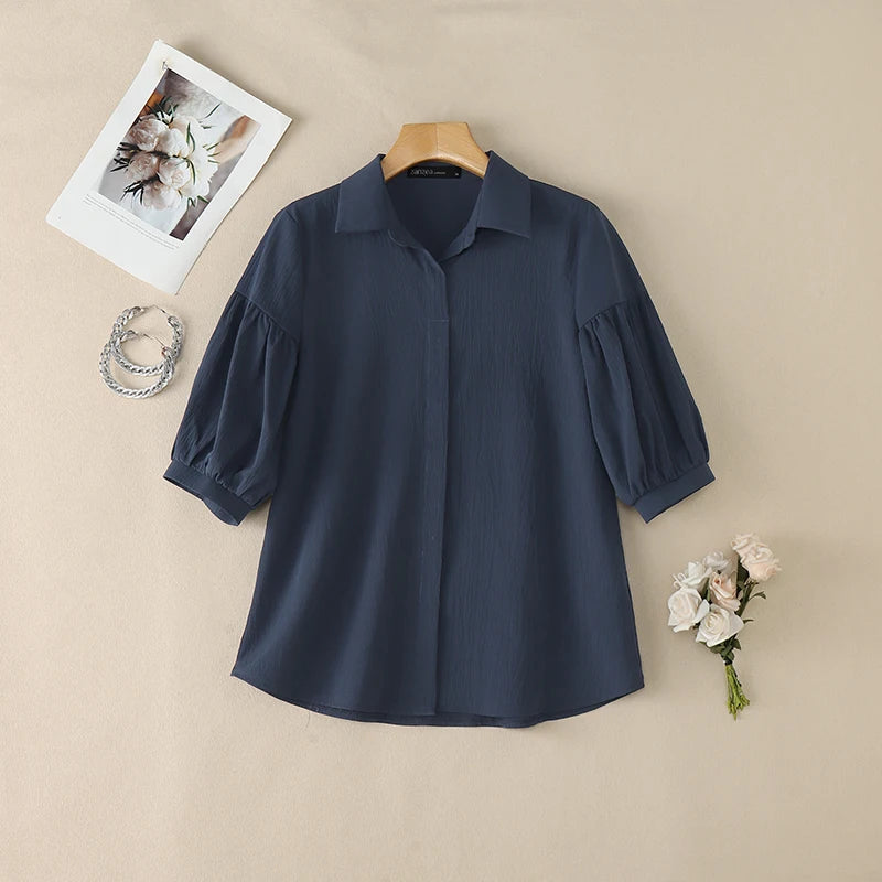 ZANZEA Women's Crinkled Fabric Casual Shirts Turn-Down Collar Half-Buttons 3/4 Lantern Sleeve Blouses Minimalist Solid Color Top
