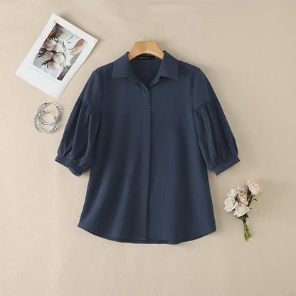 ZANZEA Women's Crinkled Fabric Casual Shirts Turn-Down Collar Half-Buttons 3/4 Lantern Sleeve Blouses Minimalist Solid Color Top
