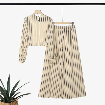 ZANZEA Autumn 2PCS Outfits Striped Work Pant Sets Stylish Women O Neck Long Sleeve Cropped Tops Wide Leg Trousers Matching Sets