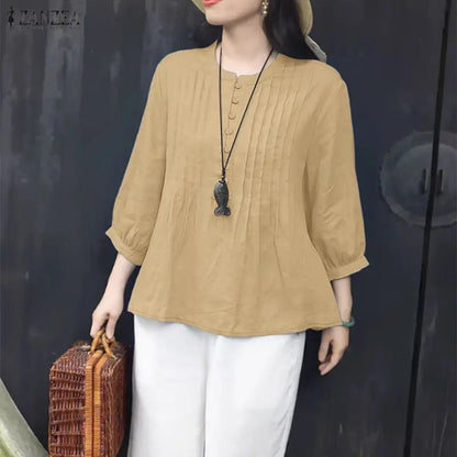 ZANZEA Women Casual Pintuck Blouses Spring Summer O-Neck Half Buttons 3/4 Lantern Sleeve Tops Loose Solid Color Blusas de Mujer