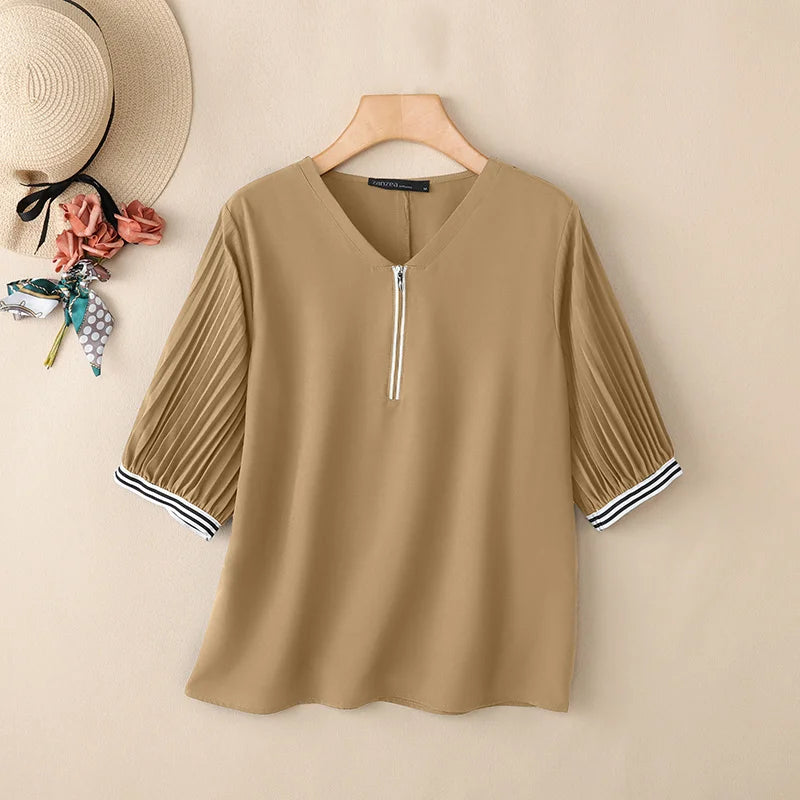 ZANZEA Women Contrast-Trum Blouse Korean Fashion V-Neck Half Zipper Pleatd 3/4 Lantern Sleeve Tops Summer Casual Blusa de Mujer
