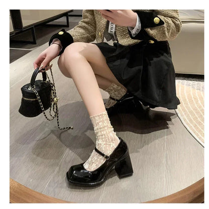 Ladies Summer Black New Small Leather Shoes Mary Janes Vintage Buckle Non-Slip Sandals Woman Medium Heels Casual Elegant Heels
