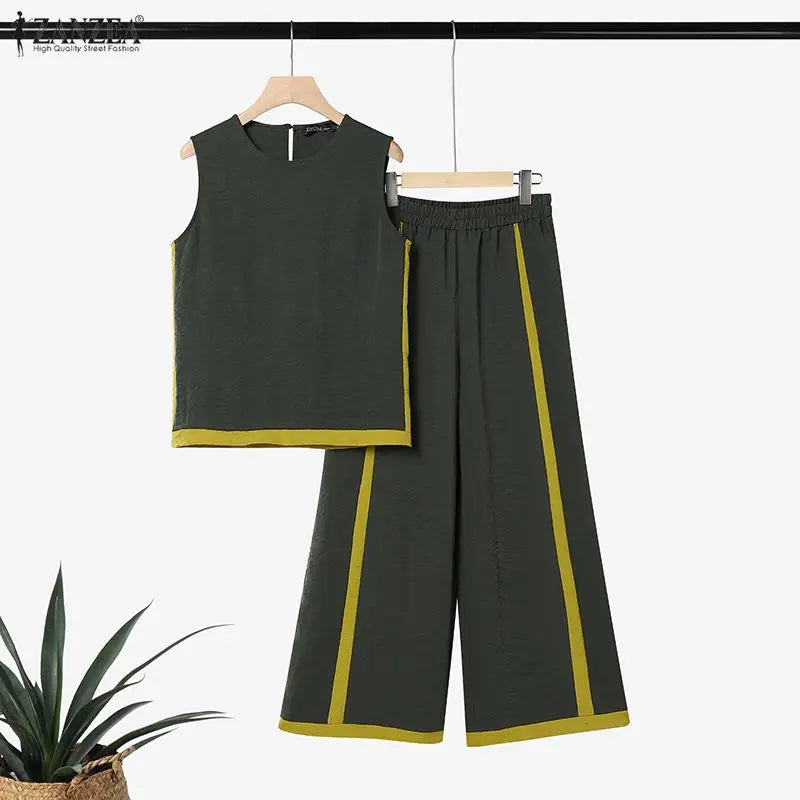 Stylish Summer 2 Pieces Oufits ZANZEA Women Color-Blocking Tracksuit Casual O Neck Sleeveless Tanks Tops Wide Leg Pant Sets 2026