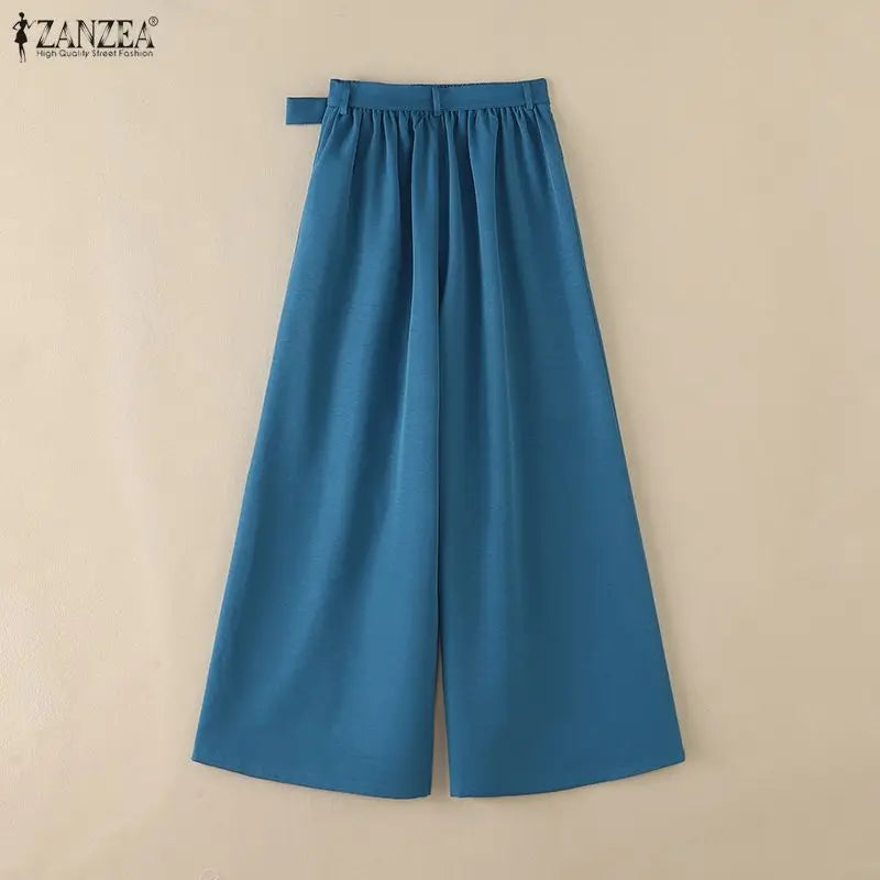 Women Plus Size 5XL Flowy Wide Leg Pants Loose High Waist Belted Trousers ZANZEA Autumn Office Work Solid Casual Palazzo Pants