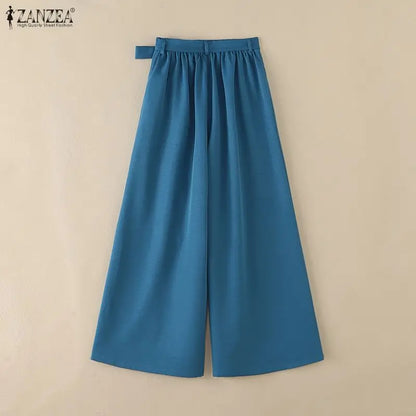 Women Plus Size 5XL Flowy Wide Leg Pants Loose High Waist Belted Trousers ZANZEA Autumn Office Work Solid Casual Palazzo Pants