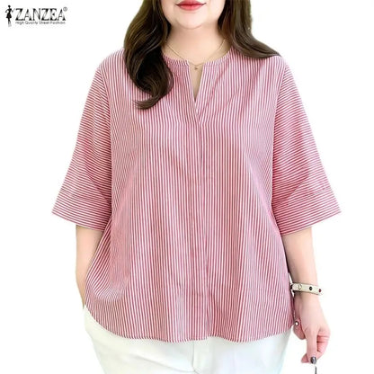 ZANZEA 2026 Summer Women Loose Striped Blouses V-Neck 3/4 Sleeve Pullover Tops Daily Casual Day to Night Blusas de Mujer