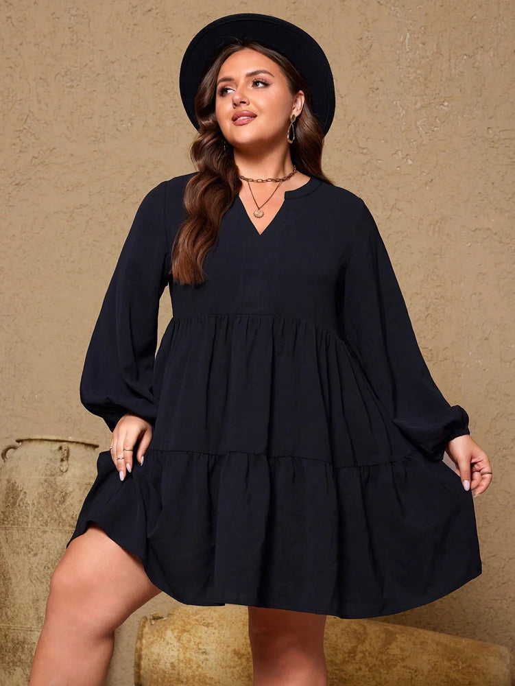Plus Size Women Black Tiered Mini Dress Split V Neck Lantern Long Sleeve Loose Casual Tunic Dresses With Pockets Soft Flowy Plus