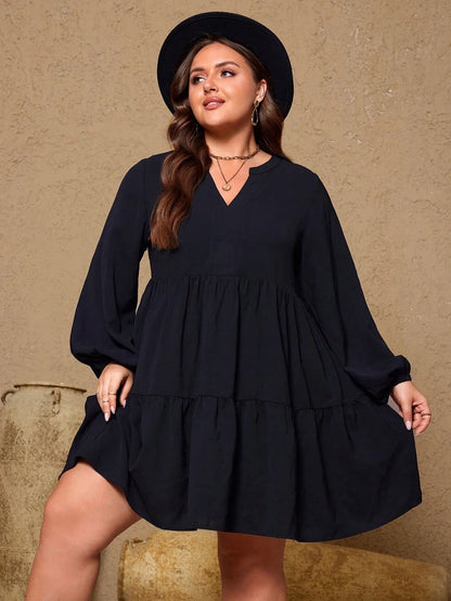 Plus Size Women Black Tiered Mini Dress Split V Neck Lantern Long Sleeve Loose Casual Tunic Dresses With Pockets Soft Flowy Plus