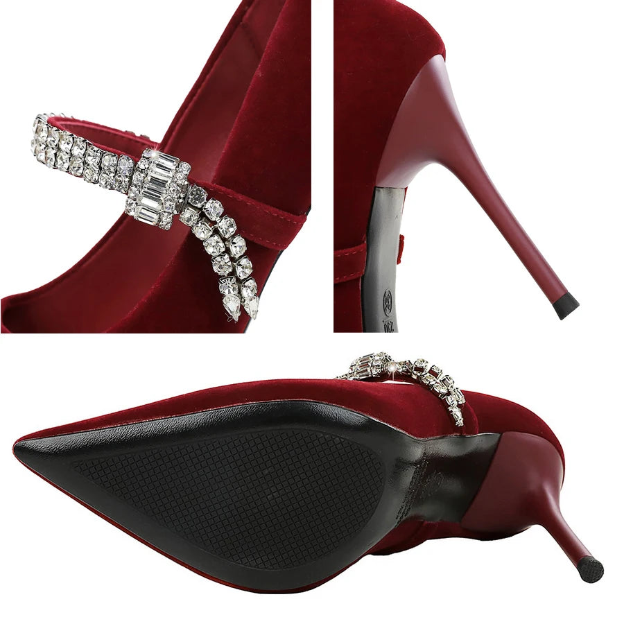 New Luxury Women Pumps Rhinestone Design High Heels Ladies Shoes Suede Female Heels 10 cm Stiletto Pumps Fashion Banquet Shoes