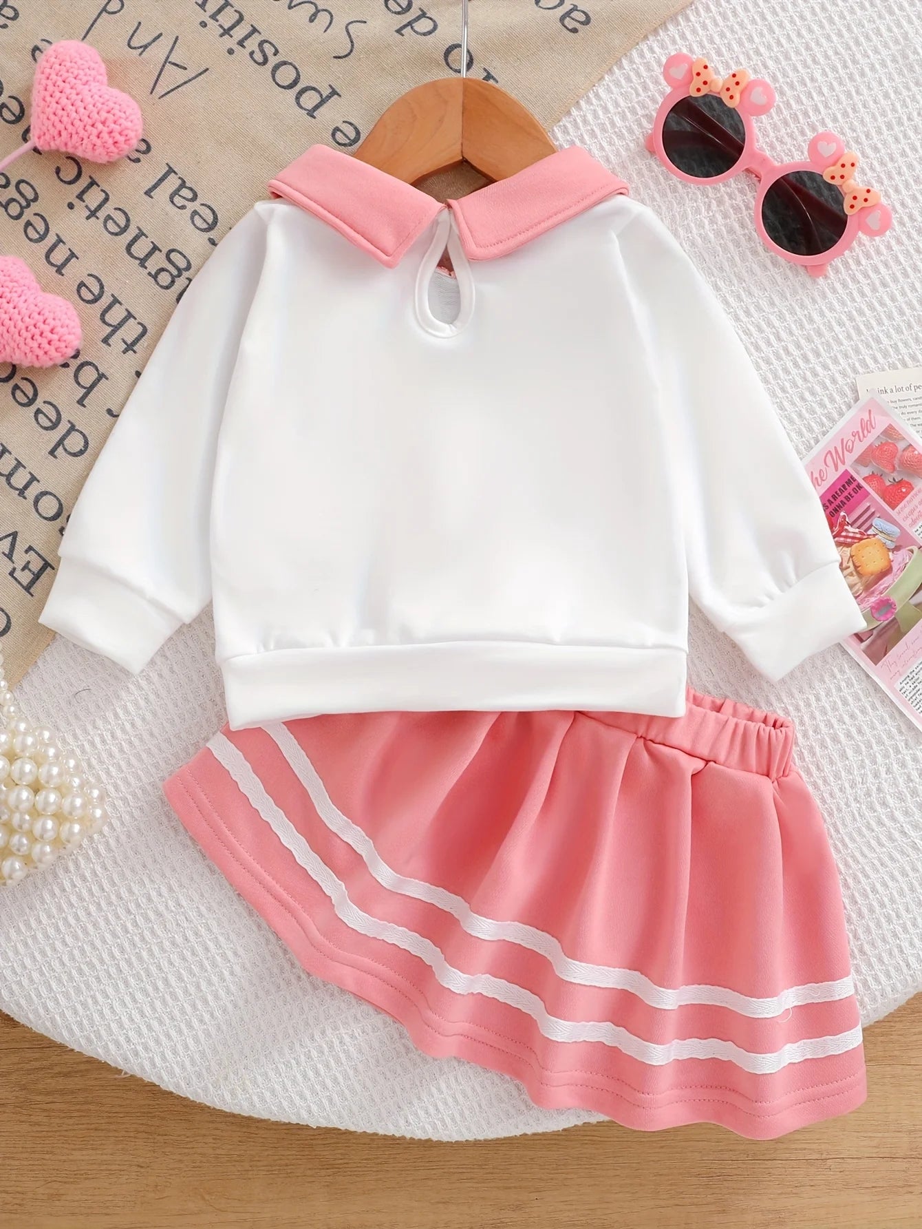 2pcs Cat Pattern Long Sleeve Polo Shirt And Pleated Skirt Set for Baby Girls Casual Comfortable Outfit for Autumn Winter