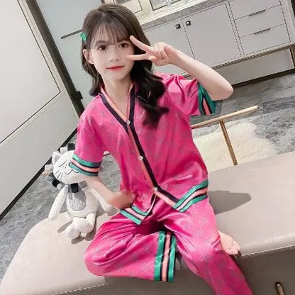 Girls Summer Ice Silk Pajamas Set Short Sleeve Princess Style Cooling Homewear for Kids