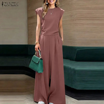 ZANZEA Fashion Casual O Neck Short Sleeve Blouse Pant Sets Summer Women Outfits Trousers Suit Solid Color Tracksuit Matching Set