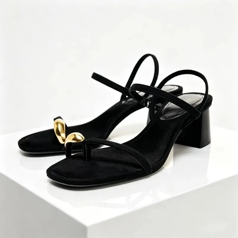 Metal Decoration Chunky Heeled Sandals Women Sexy Clip Toe Front & Rear Strap High Heels for Ladies Summer Luxury Designer Shoes