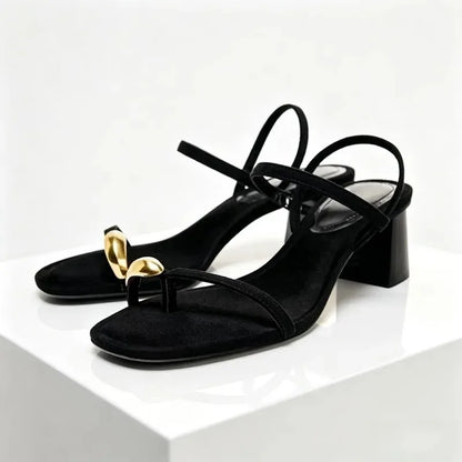 Metal Decoration Chunky Heeled Sandals Women Sexy Clip Toe Front & Rear Strap High Heels for Ladies Summer Luxury Designer Shoes