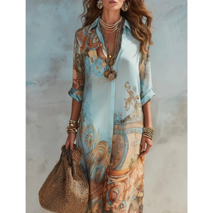 Boho Floral Print Shirt Dresses Women Turn-down Collar Single-breasted Loose Long Dress Summer Casual Beach Vacation Flowy Dress