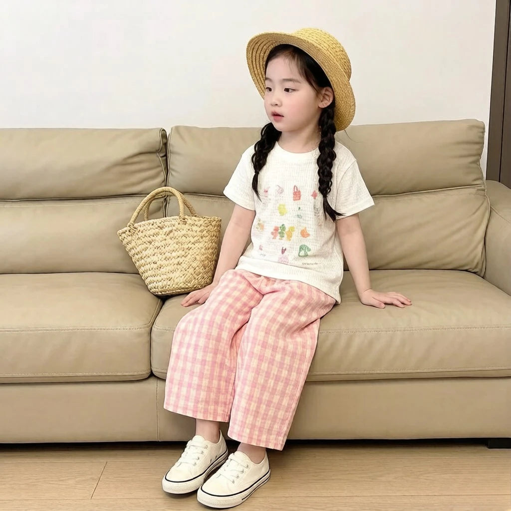Girls' Thin Cotton Checkered Summer Pants Breathable Outdoor Straight Leg Wide Leg Mosquito Repellent Pants