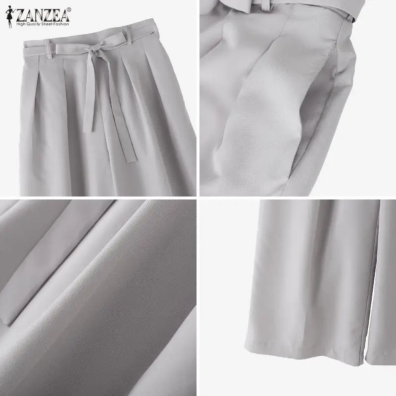 ZANZEA Summer Autumn Wide Leg Pants Women Long Trousers Fashion Solid Color Bottoms Streetwear Belt Pant Oversize S-3XL