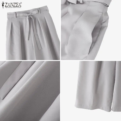 ZANZEA Summer Autumn Wide Leg Pants Women Long Trousers Fashion Solid Color Bottoms Streetwear Belt Pant Oversize S-3XL