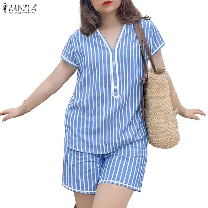 ZANZEA Women Casual Striped Short Suits Short Sleeve V-Neck Blouse & Elastic Waist Shorts 2 Pieces Sets Summer Loose Outfits