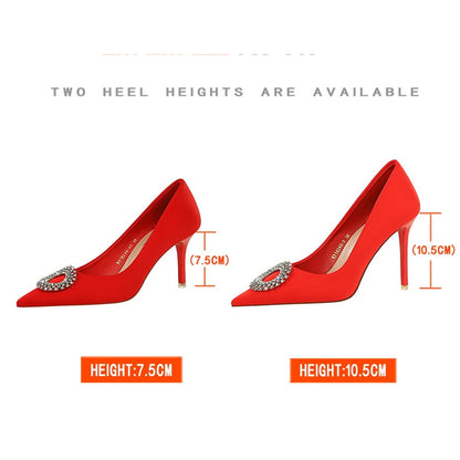 BIGTREE Shoes Women 7.5 cm Heels Rhinestone Round Buckle Women Pumps Silks Satins High Heels Sexy Party Shoes Large Size 34-43