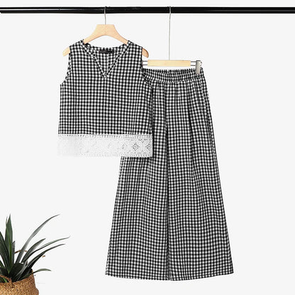 Summer 2PCS Outfits Stylish Women Plaid 2 Pieces Sets ZANZEA V Neck Sleeveless Tanks Tops Wide Leg Pant Sets Elegant Tracksuit