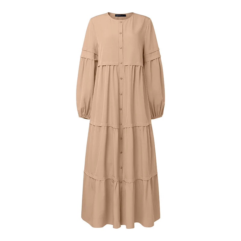 Women Autumn Dresses ZANZEA Muslim Abaya Robe Femme Elegant Long Sleeve Pleated Sundress Ramadan Kaftan Solid Button Vestido