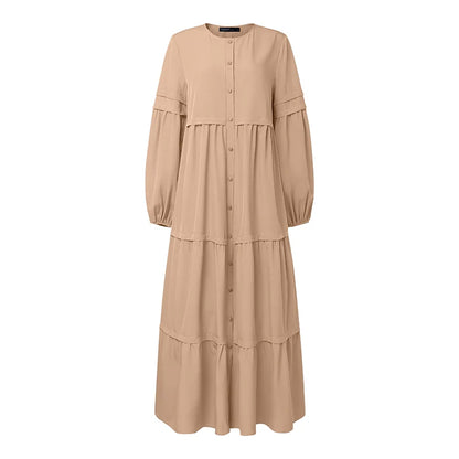Women Autumn Dresses ZANZEA Muslim Abaya Robe Femme Elegant Long Sleeve Pleated Sundress Ramadan Kaftan Solid Button Vestido