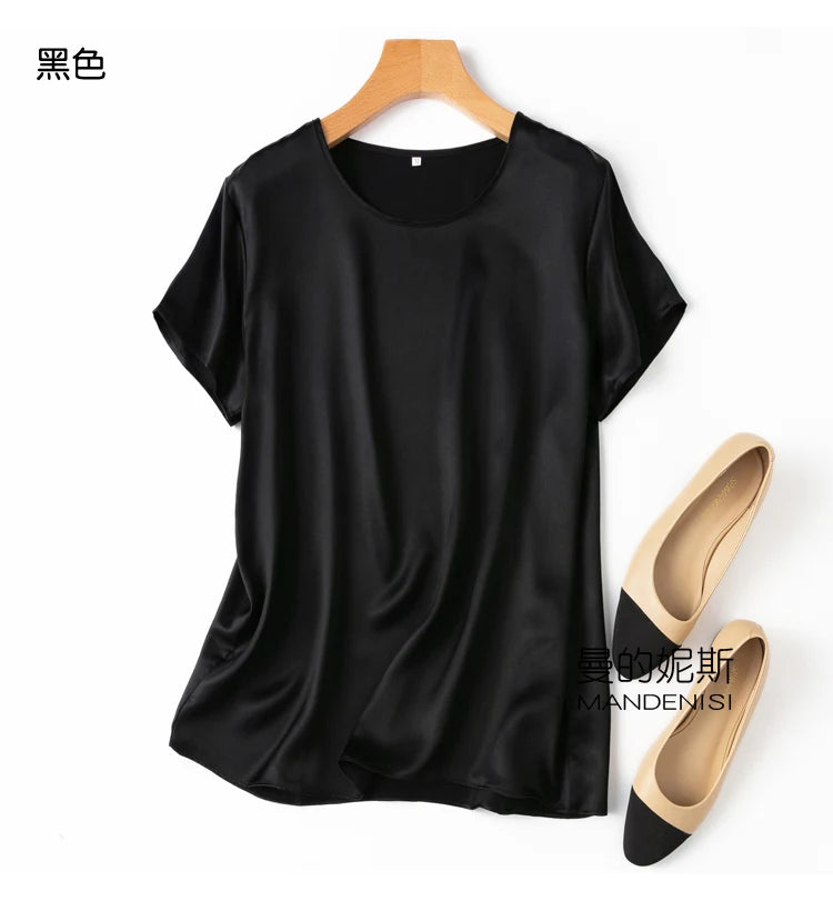 ZVAQS 100% Mulberry Silk T Shirts Woman Elegant Satin T Shirt 27 Colors High Quality Silk Summer Tops 2025 Women Clothing Топ