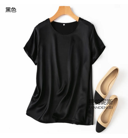 ZVAQS 100% Mulberry Silk T Shirts Woman Elegant Satin T Shirt 27 Colors High Quality Silk Summer Tops 2025 Women Clothing Топ